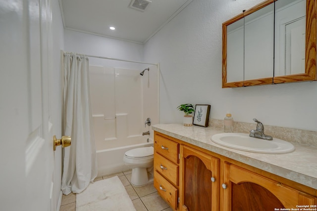 bathroom with visible vents, toilet, shower / tub combo with curtain, tile patterned flooring, and vanity