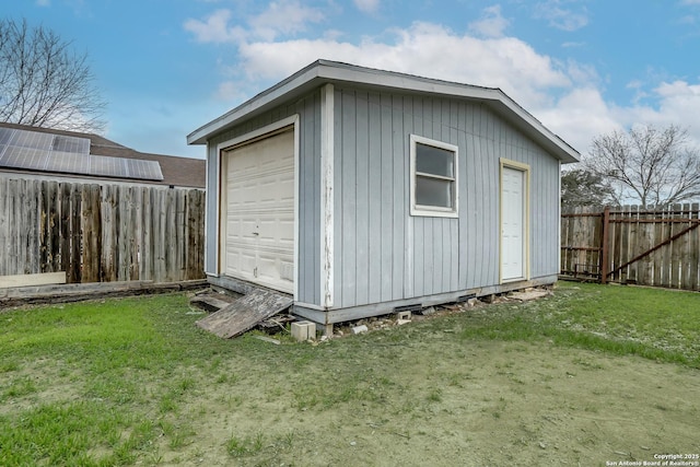 view of outdoor structure with a fenced backyard and an outdoor structure