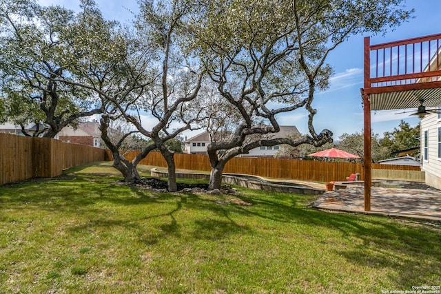 view of yard with a patio area and a fenced backyard