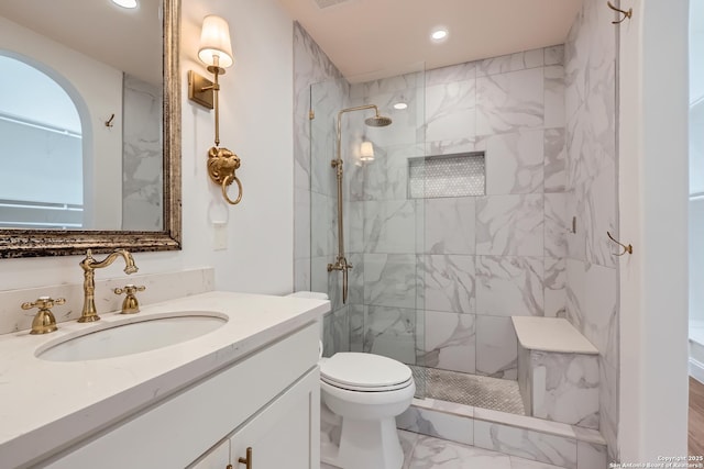 bathroom with toilet, marble finish floor, walk in shower, vanity, and recessed lighting