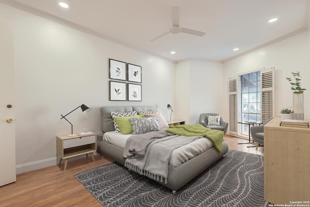 bedroom featuring ornamental molding, recessed lighting, light wood-style flooring, and baseboards