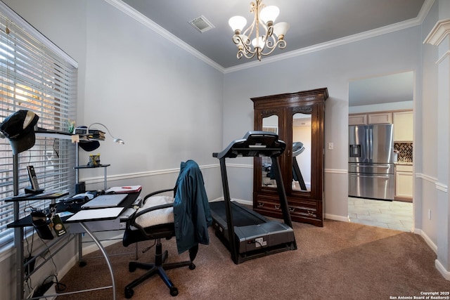 workout area with a chandelier, light colored carpet, visible vents, baseboards, and ornamental molding