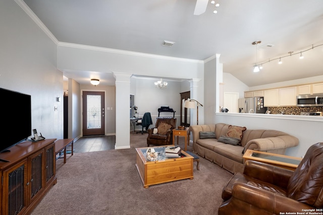 tiled living area featuring carpet, crown molding, decorative columns, lofted ceiling, and visible vents