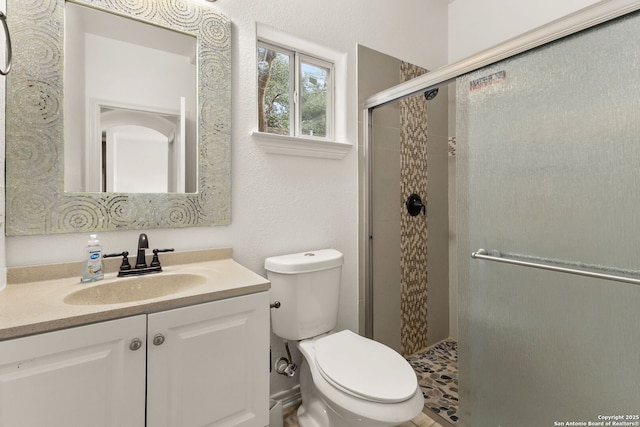 full bath featuring toilet, a shower stall, and vanity