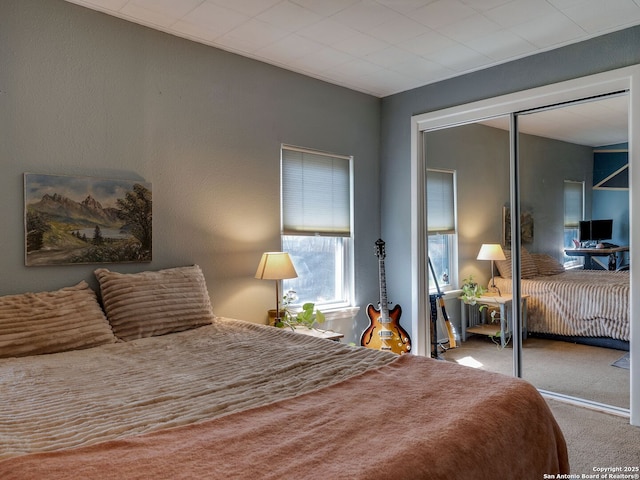 bedroom with carpet and a closet