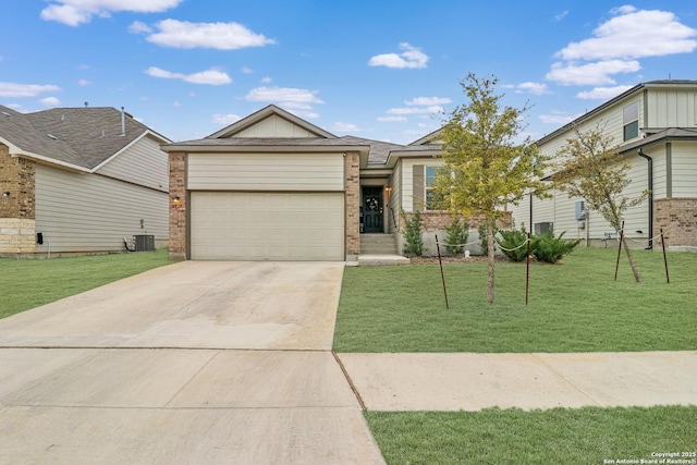 single story home featuring a garage, brick siding, driveway, and central AC unit