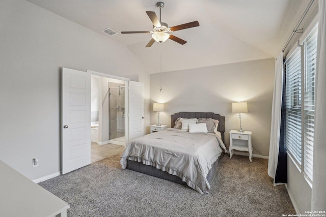 carpeted bedroom with visible vents, vaulted ceiling, baseboards, and multiple windows