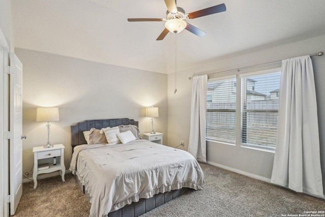 bedroom with carpet, a ceiling fan, and baseboards