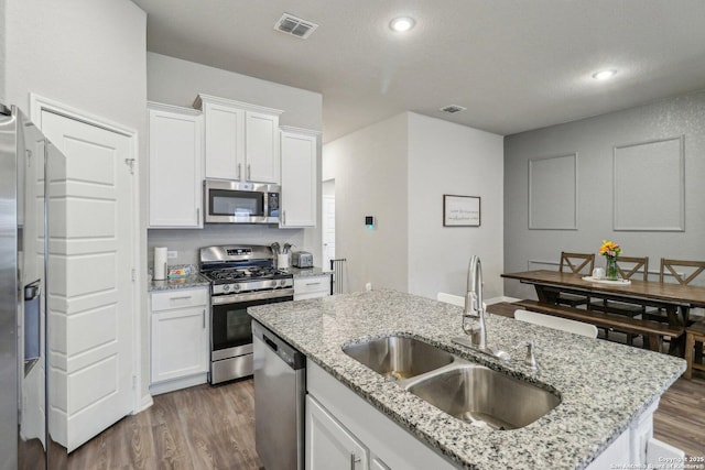 kitchen with stainless steel appliances, dark wood-style flooring, a sink, visible vents, and white cabinetry