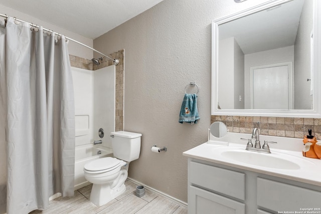 215 Quince Flower, San Antonio, TX 78253 - full bathroom featuring shower / bathtub combination with curtain, a textured wall, vanity, and toilet