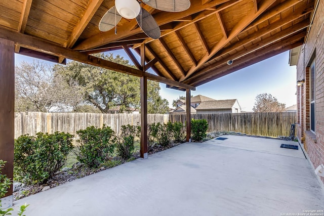 view of patio / terrace featuring a ceiling fan and a fenced backyard