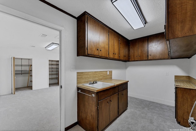 kitchen with light countertops, a sink, dark brown cabinetry, and light colored carpet