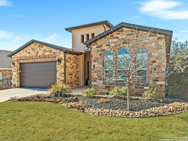 view of front facade with a garage, driveway, stone siding, stucco siding, and a front yard