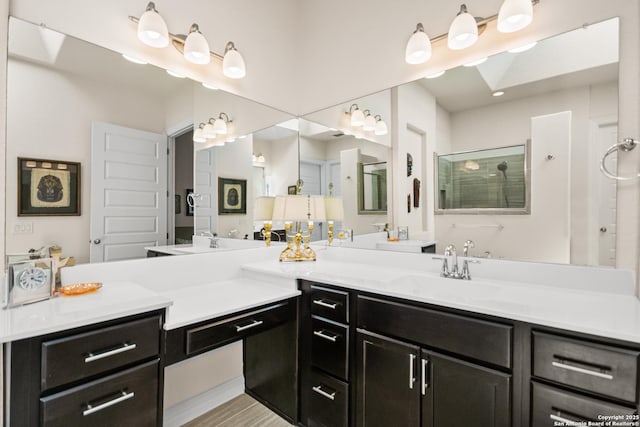 bathroom with vanity and walk in shower