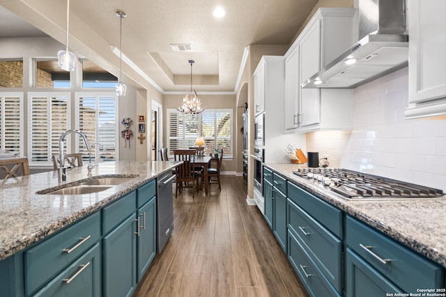 kitchen featuring white cabinets, wall chimney exhaust hood, a tray ceiling, stainless steel appliances, and a sink