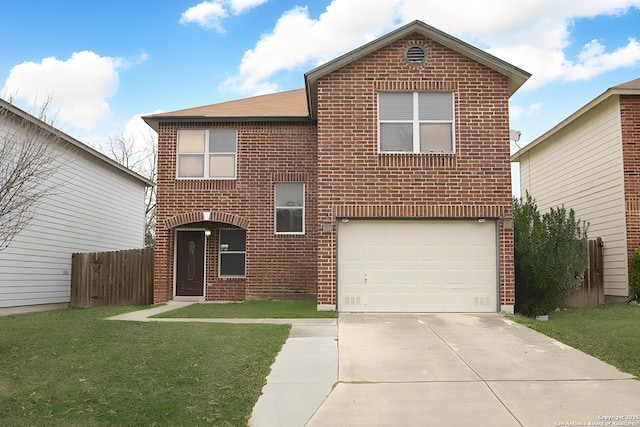 traditional-style house featuring concrete driveway, brick siding, and a front lawn