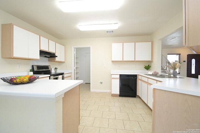 kitchen with black dishwasher, a peninsula, stainless steel electric stove, under cabinet range hood, and a sink