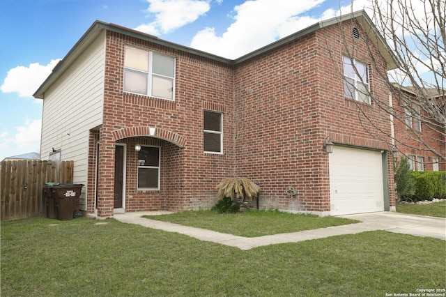 traditional-style home featuring brick siding, fence, driveway, and an attached garage