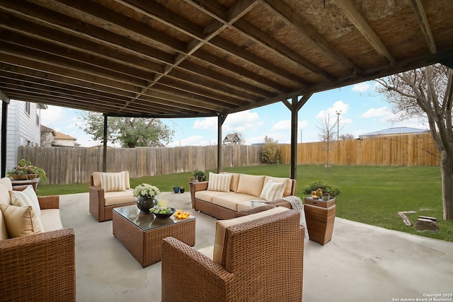 view of patio / terrace featuring an outdoor hangout area and a fenced backyard