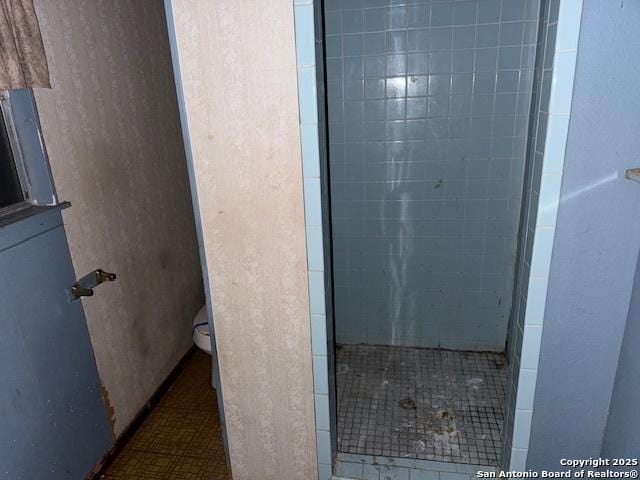 bathroom featuring a shower stall and toilet