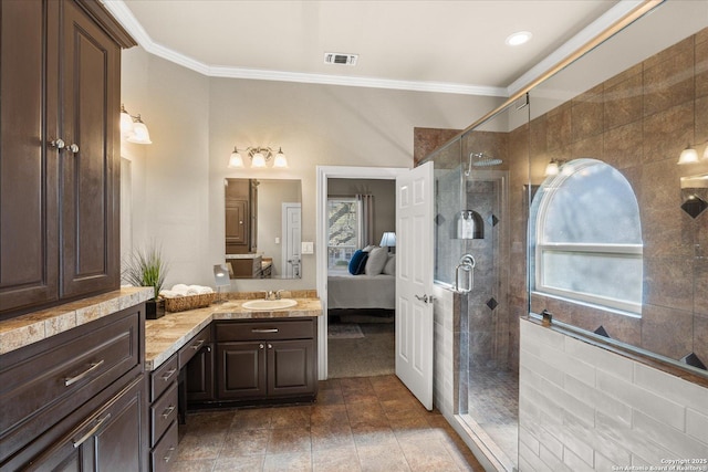 ensuite bathroom with visible vents, a tile shower, connected bathroom, and ornamental molding