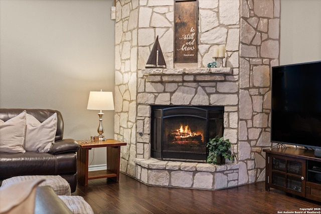 living room featuring a stone fireplace and hardwood / wood-style floors