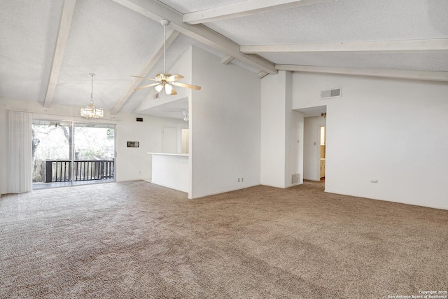 carpeted spare room with a textured ceiling, visible vents, beam ceiling, and ceiling fan with notable chandelier