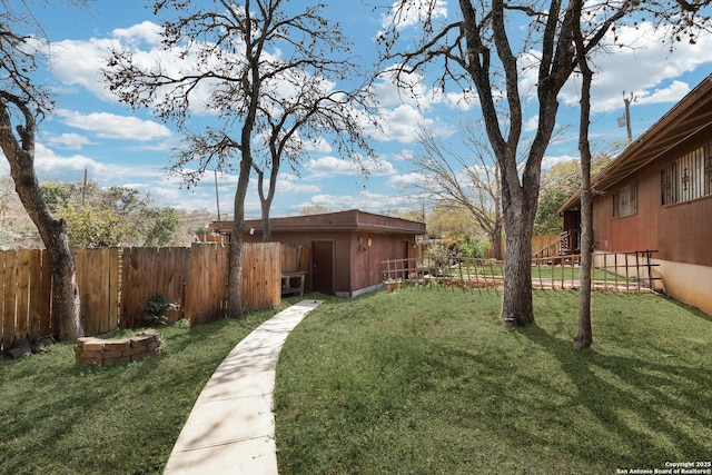 view of yard with an outbuilding and a fenced backyard