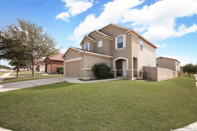 traditional home featuring a garage, driveway, a front lawn, and fence