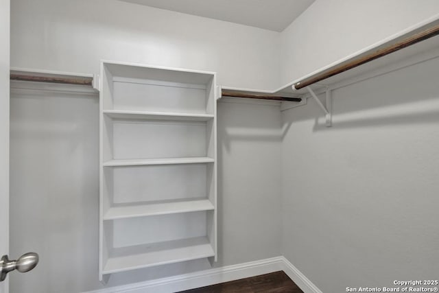 walk in closet featuring dark wood-style flooring