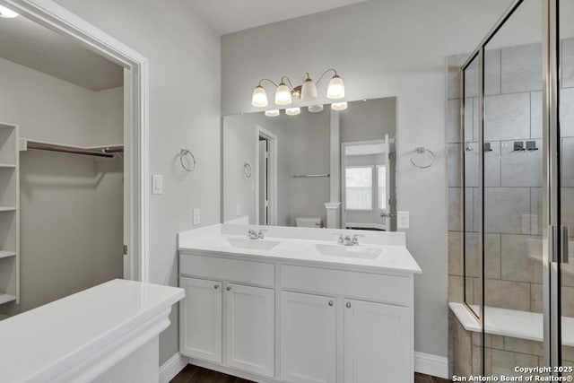 full bathroom with a stall shower, a sink, and toilet