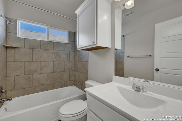 full bath with toilet, shower / bath combination, vanity, and visible vents