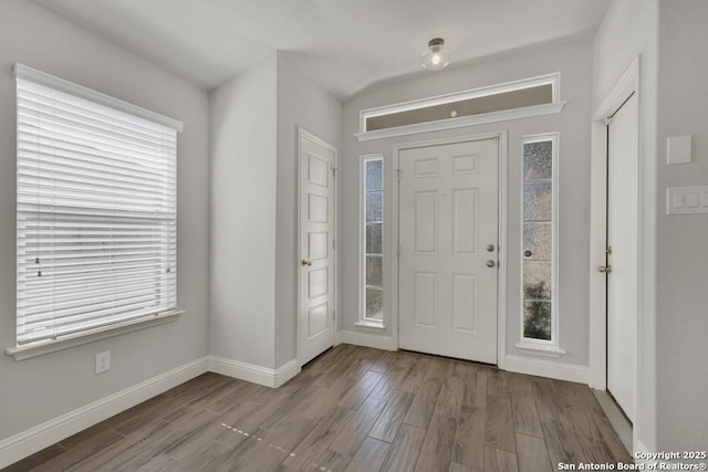 entrance foyer with wood finished floors, a wealth of natural light, and baseboards