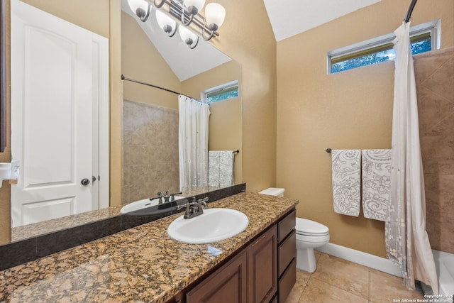 bathroom featuring a shower with curtain, vaulted ceiling, vanity, and toilet