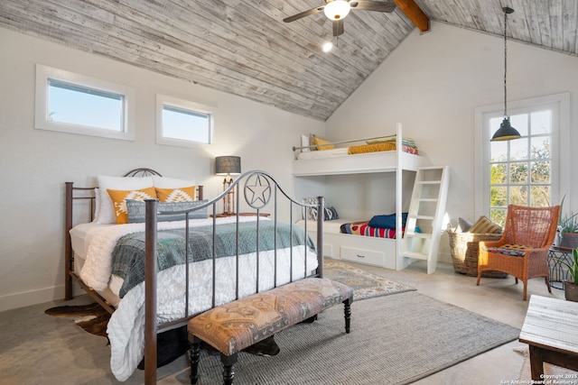 bedroom with high vaulted ceiling, wooden ceiling, beam ceiling, and baseboards