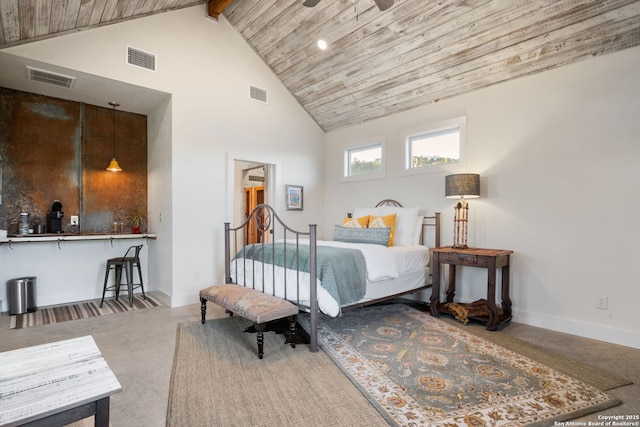 bedroom featuring high vaulted ceiling, wooden ceiling, and visible vents