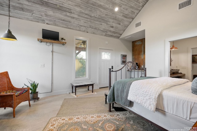 bedroom with wood ceiling, high vaulted ceiling, and visible vents