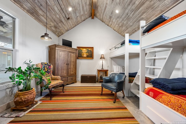 interior space featuring high vaulted ceiling, recessed lighting, wood ceiling, and beamed ceiling