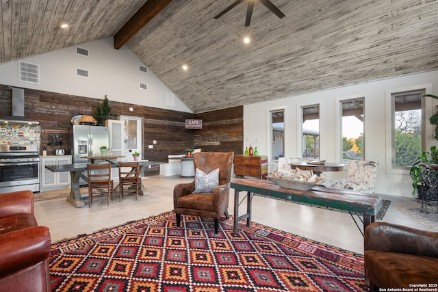 living room with high vaulted ceiling, wooden ceiling, visible vents, and wood walls