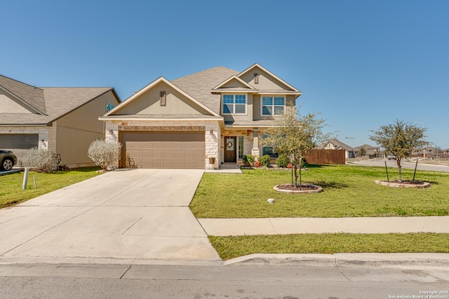 view of front of house featuring a garage, stone siding, driveway, and a front yard