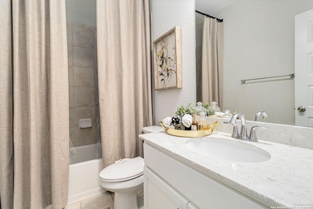 full bathroom featuring shower / bath combination with curtain, vanity, toilet, and tile patterned floors