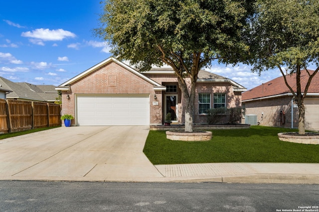 single story home with an attached garage, brick siding, fence, concrete driveway, and a front lawn