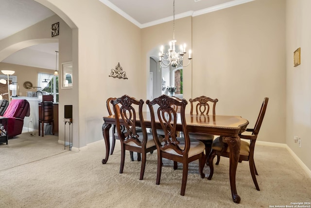 846 County Road 2763, Mico, TX 78056 - carpeted dining space featuring baseboards, arched walkways, a notable chandelier, and ornamental molding