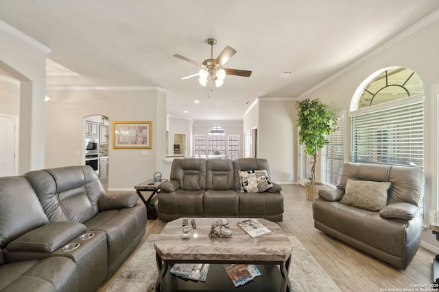 living area featuring ornamental molding, plenty of natural light, and light wood finished floors