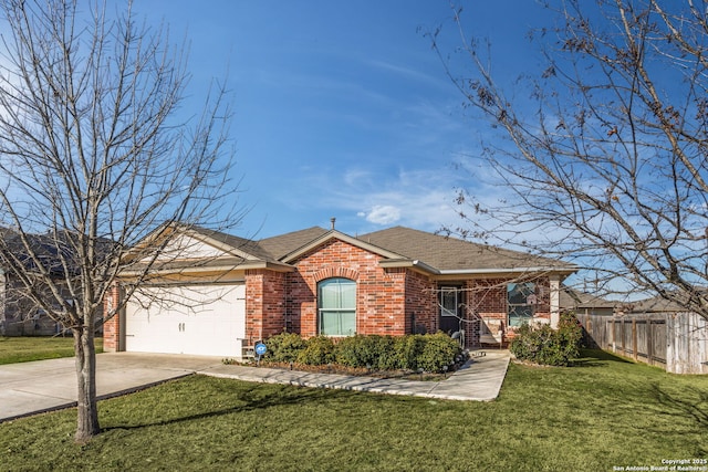 ranch-style home with driveway, a garage, fence, a front lawn, and brick siding