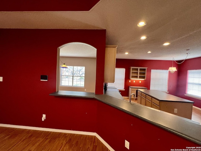 kitchen featuring dark countertops, plenty of natural light, and wood finished floors