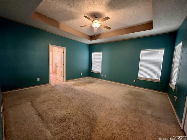 spare room featuring a tray ceiling, carpet, and baseboards