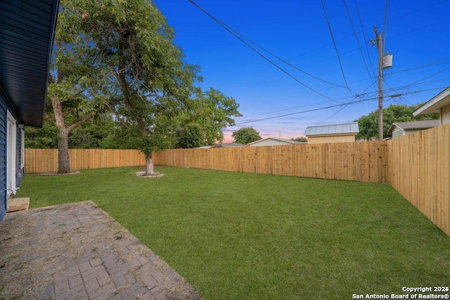 view of yard featuring a patio area and a fenced backyard