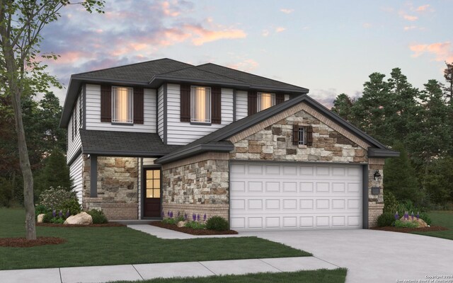15046 Homing Mdw, San Antonio, TX 78253 - view of front facade featuring a shingled roof, concrete driveway, stone siding, an attached garage, and a yard