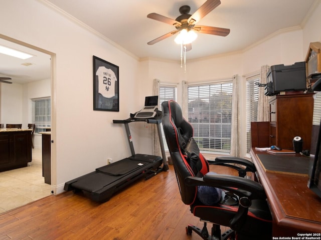 workout area featuring light wood-type flooring, ornamental molding, and a ceiling fan